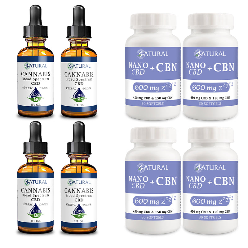 Day and Night Bundle Four Pack Broad Spectrum CBD Oil 3000mg and CBN Softgels 600mg