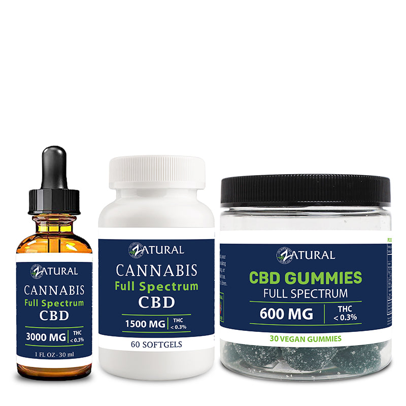 Zatural Full Spectrum Bundle CBD Oil 3000mg, Softgels 1500mg, and Gummies 600mg