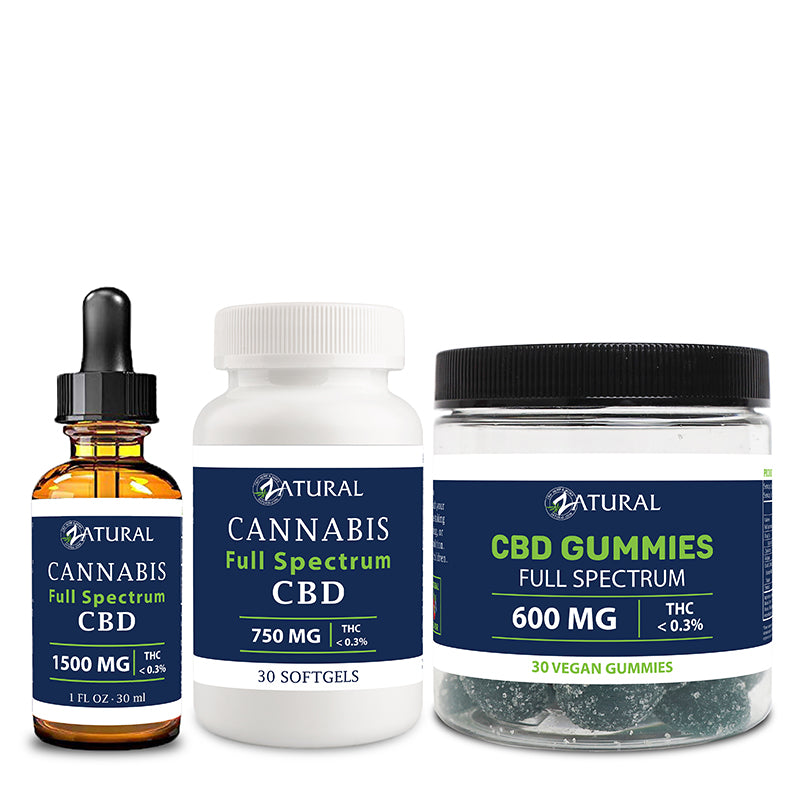 Zatural Full Spectrum Bundle CBD Oil 1500mg, Softgels 750mg, and Gummies 600mg