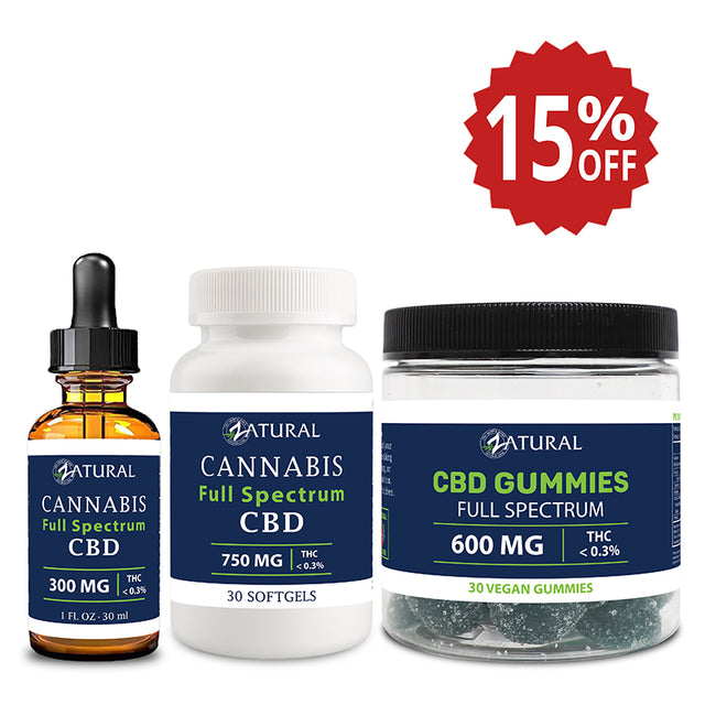 Zatural Full Spectrum Bundle CBD Oil 300mg, Softgels 750mg, and Gummies 600mg Sale