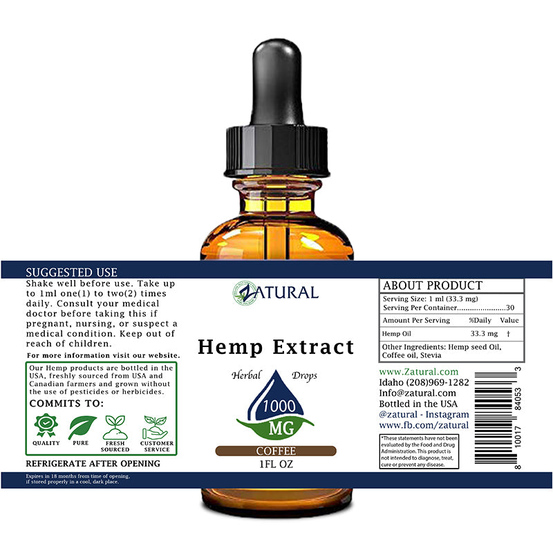 Coffee Hemp Extract Drops 1,000mg label