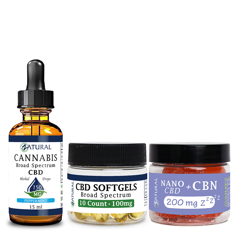 Peppermint CBD Oil Tincture 150mg, CBD Softgels 100mg, and CBN Gummies 200mg