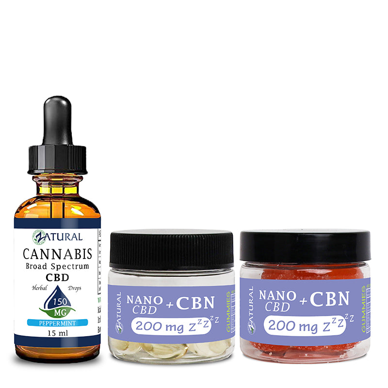 Peppermint CBD Oil Tincture 150mg, CBN Softgels 200mg, and CBN Gummies 200mg