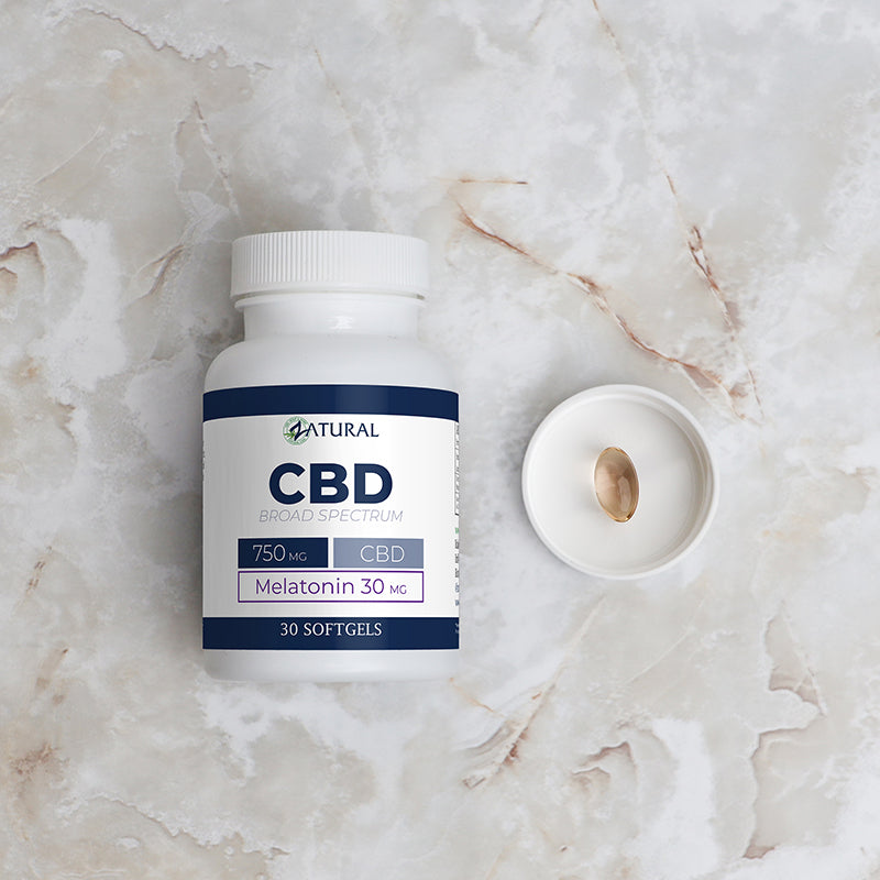 CBD Softgels with Melatonin on white counter