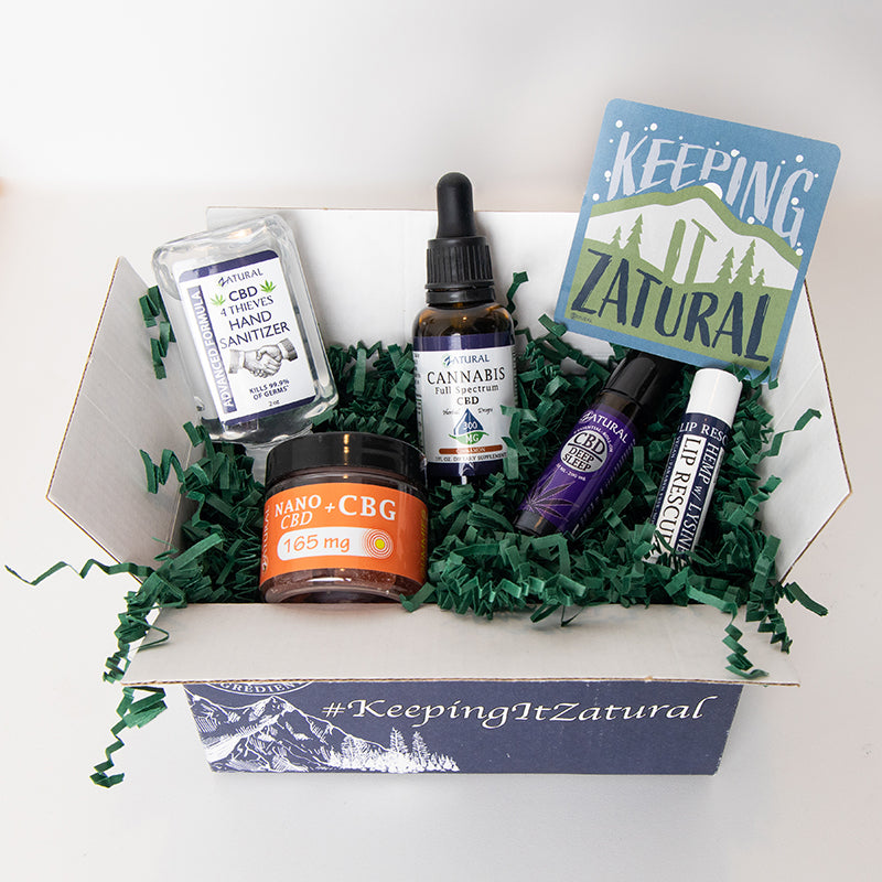 Zatural CBD Subscription box opened with random group of products