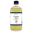 Bottle of castor oil with a label on a white background