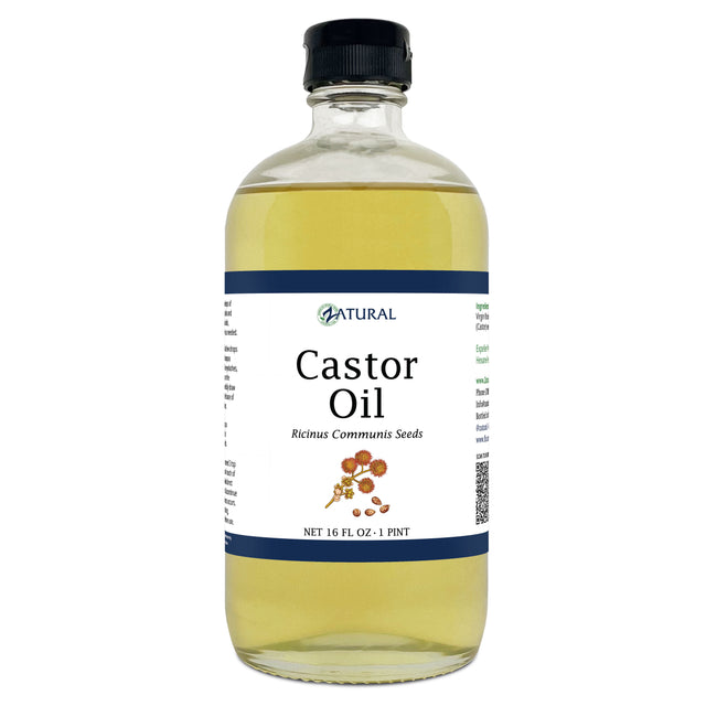 Bottle of castor oil with a label on a white background