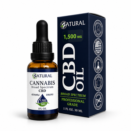A bottle of Natural CBD Oil next to its retail box, both featuring a dark navy blue and white design with green accents, on a clean white background.