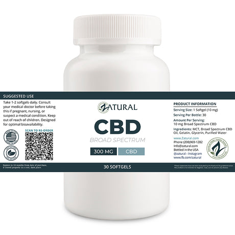 Zatural Broad-spectrum CBD Softgels 30 count 300mg label