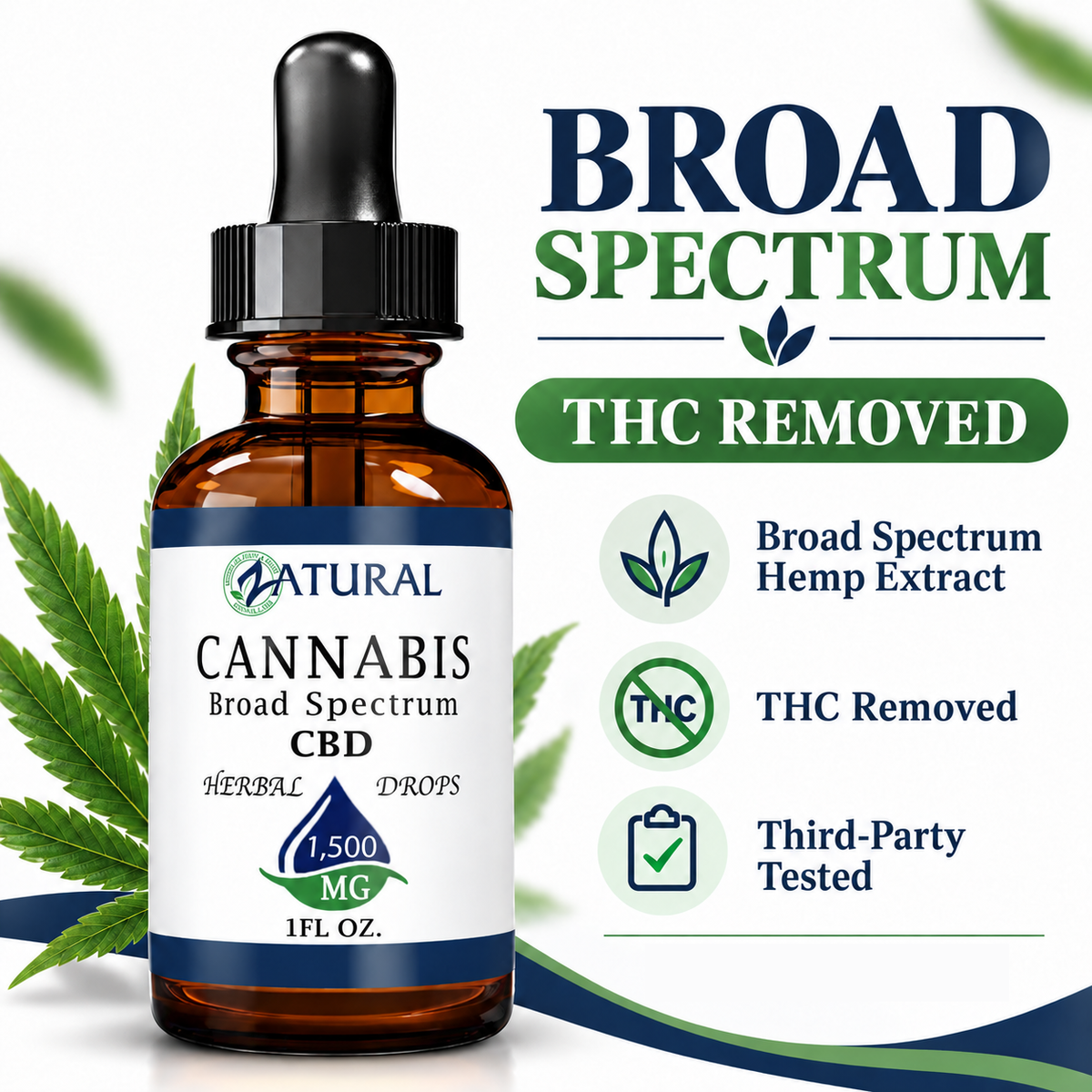 An amber glass dropper bottle labeled Natural Cannabis Broad Spectrum CBD 1,500 mg, 1 fl. oz.