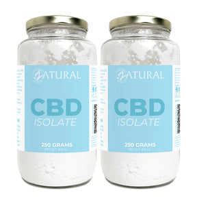 Two jars of CBD Isolate with blue labels on a white background