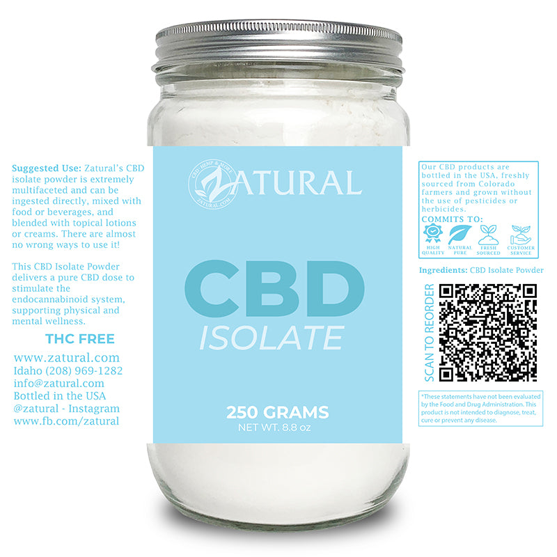 Zatural CBD Isolate Powder 250 Grams label
