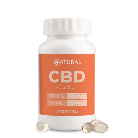 CBD + CBG supplement bottle with orange label on a white background