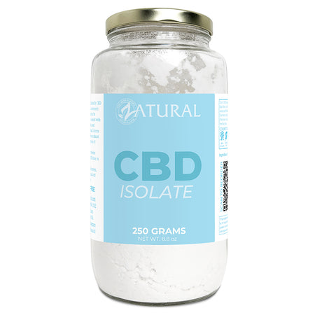 Jar of CBD Isolate with a blue label on a white background