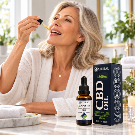 A woman in a white robe applies CBD oil from a dropper to her mouth while standing at a bathroom counter. The product bottle and its black packaging box are displayed in front of her.