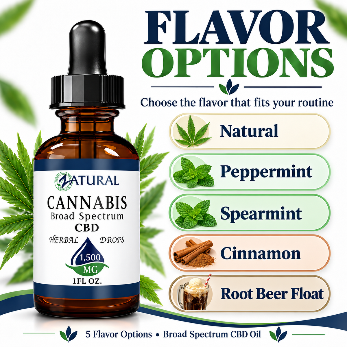 Amber glass dropper bottle of CBD oil with a black cap on a white promotional graphic. Large text reads 'FLAVOR OPTIONS,' with flavor callouts including Natural, Peppermint, Spearmint, Cinnamon, and Root Beer Float, plus green leaf and mint illustrations.