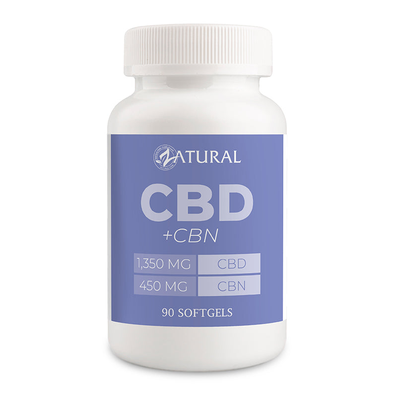 CBD + CBN supplement bottle with blue label on a white background