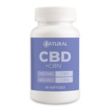 CBD + CBN supplement bottle with blue label on a white background