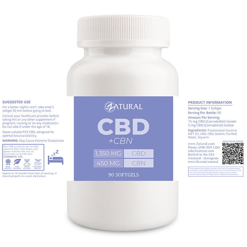 CBD+CBN supplement bottle with label on a white background