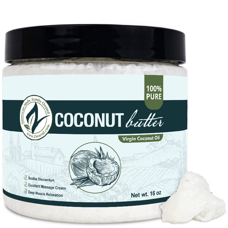 Jar of coconut butter with a white label on a white background