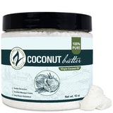 Jar of coconut butter with a white label on a white background