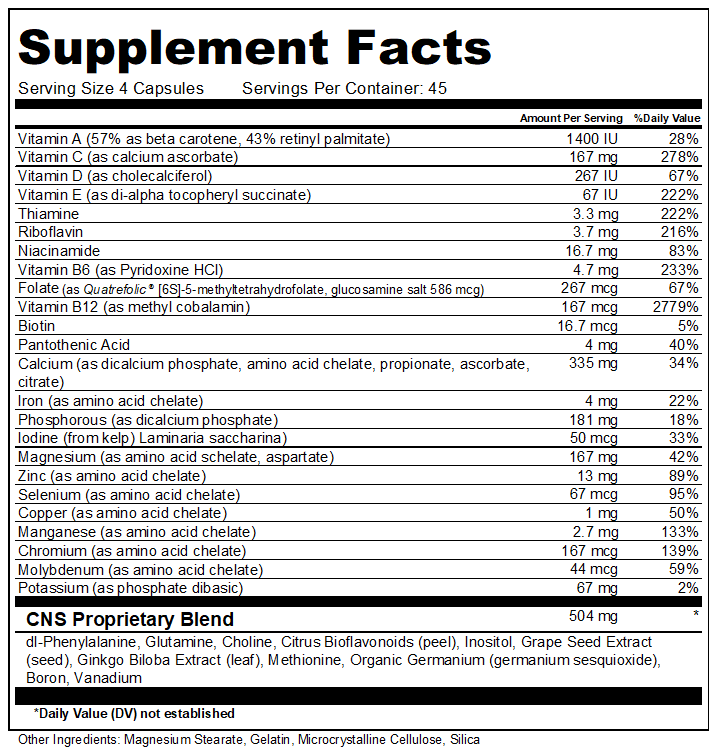 Supplement facts label with detailed nutritional information for EP Balance Plus