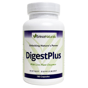 Supplement bottle labeled 'DigestPlus' by Evince Naturals on a white background