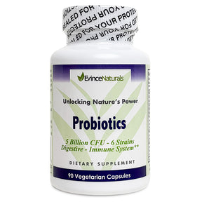 Bottle of Evince Naturals probiotics on a white background