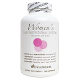 Supplement bottle labeled 'Women's Daily Nutritional System' by Evince Naturals on a white background