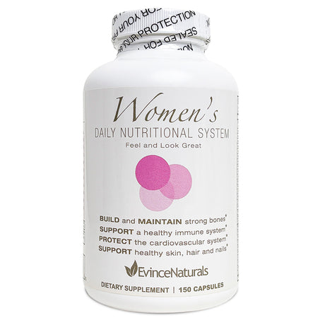 Supplement bottle labeled 'Women's Daily Nutritional System' by Evince Naturals on a white background