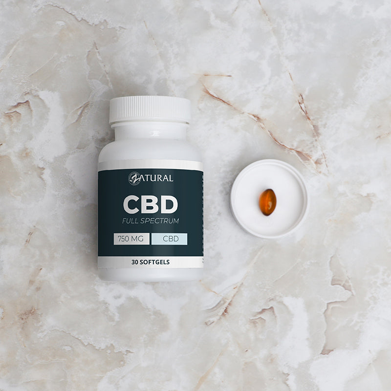 Zatural Full Spectrum CBD Softgels 750 mg with softgel in cap