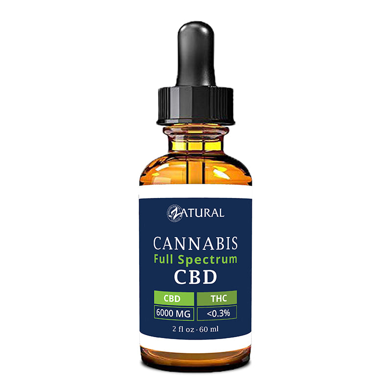 CBD oil bottle with a blue label on a white background