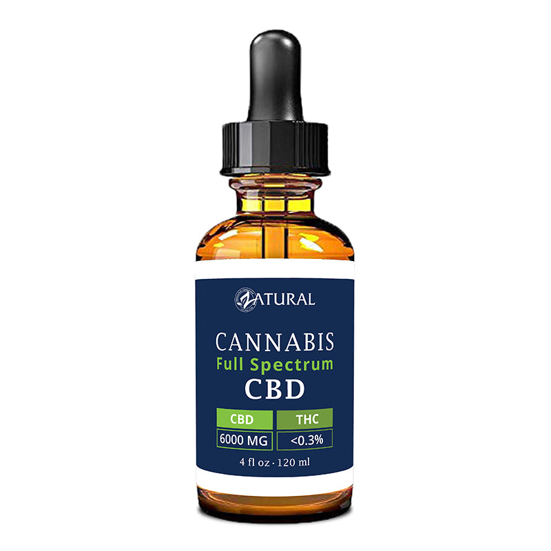 CBD oil bottle with blue label on a white background