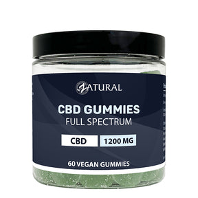 Jar of CBD gummies with a label indicating 1200 mg of CBD on a white background