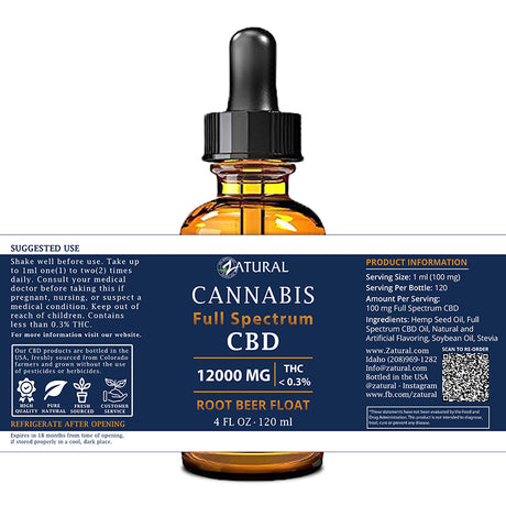 Zatural Full Spectrum Root Beer Float CBD Oil 12000mg 4oz label