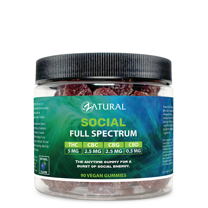 A clear plastic jar of Natural Social Full Spectrum gummies with a black ribbed lid and a green label, containing dark red gummy bears, on a white background.