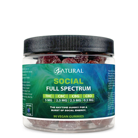 A clear plastic jar of Natural Social Full Spectrum gummies with a black ribbed lid and a green label, containing dark red gummy bears, on a white background.