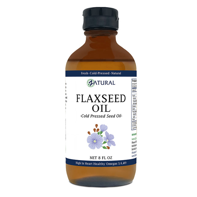 Bottle of Natural Flaxseed Oil with a white label on a white background