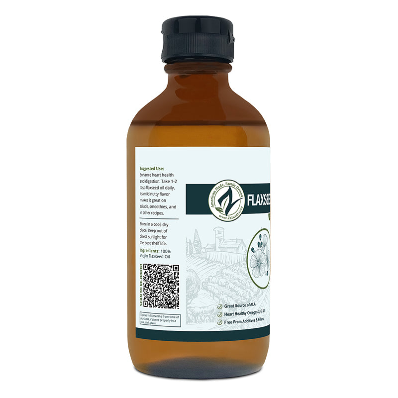 Zatural Flaxseed Oil 8oz glass, left side of label