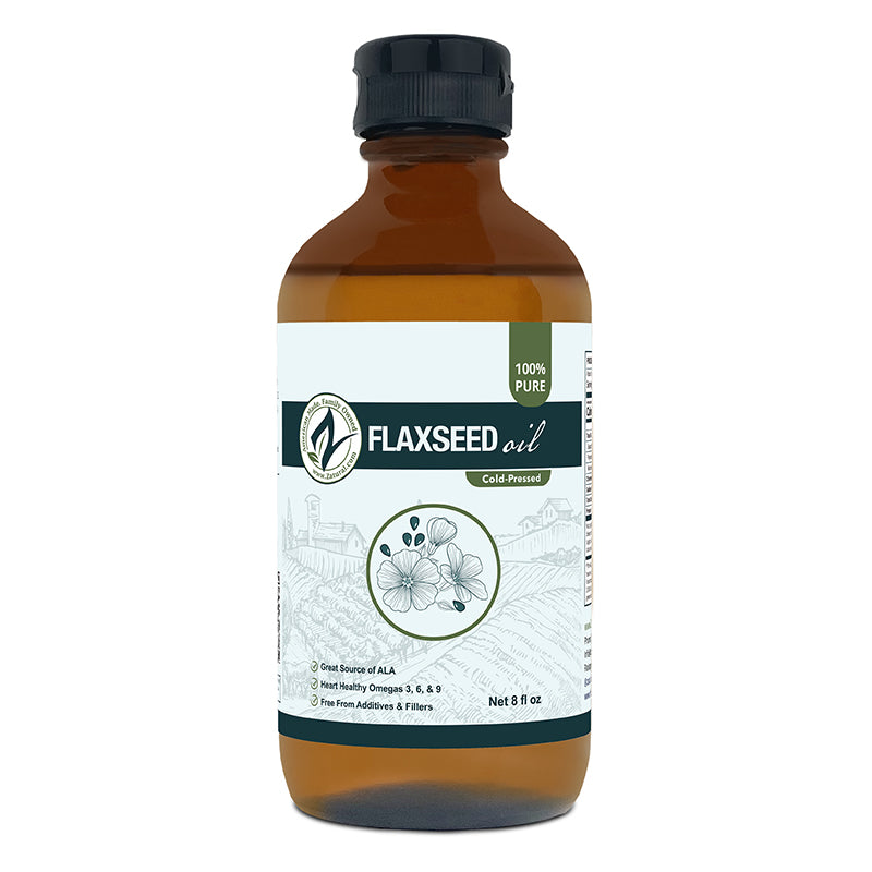 Zatural Flaxseed Oil 8oz glass, front side of label