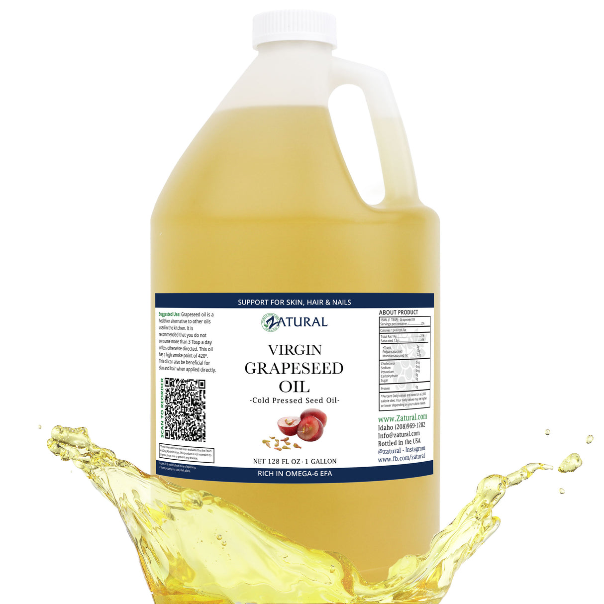 Gallon container of virgin grapeseed oil with label on a white background