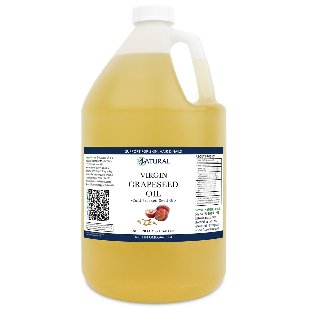 Gallon container of virgin grapeseed oil with a label on a white background