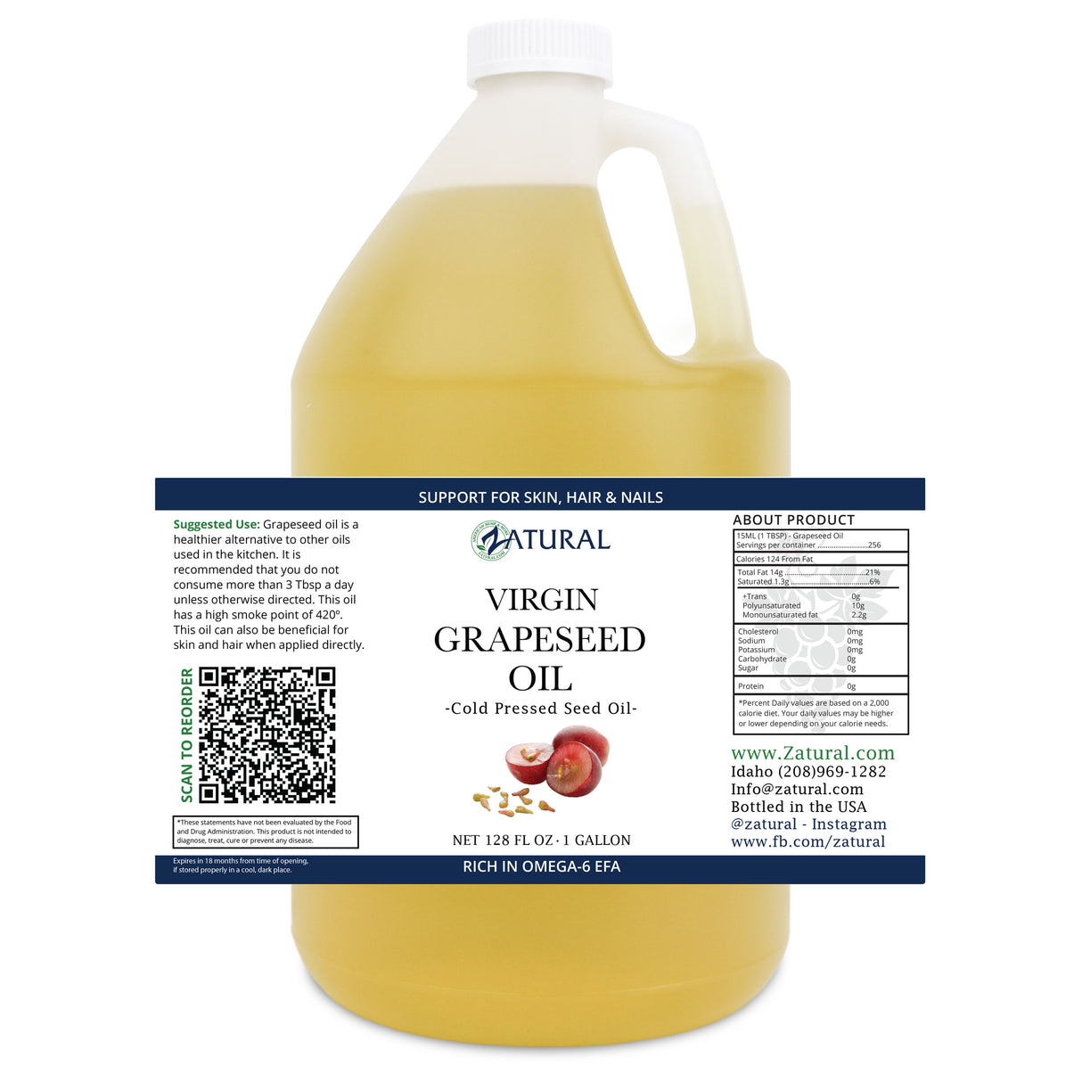 Gallon container of Zatural Virgin Grapeseed Oil with label on a white background