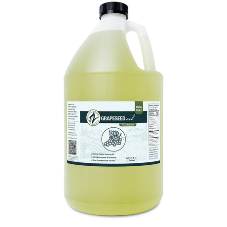 Gallon jug of grapeseed oil with a label on a white background