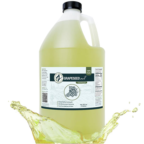 Gallon of grapeseed oil with a label on a white background