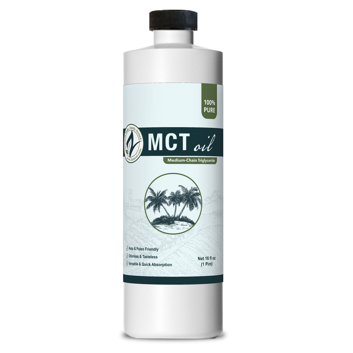 Zatural MCT Oil 16oz, front side of label