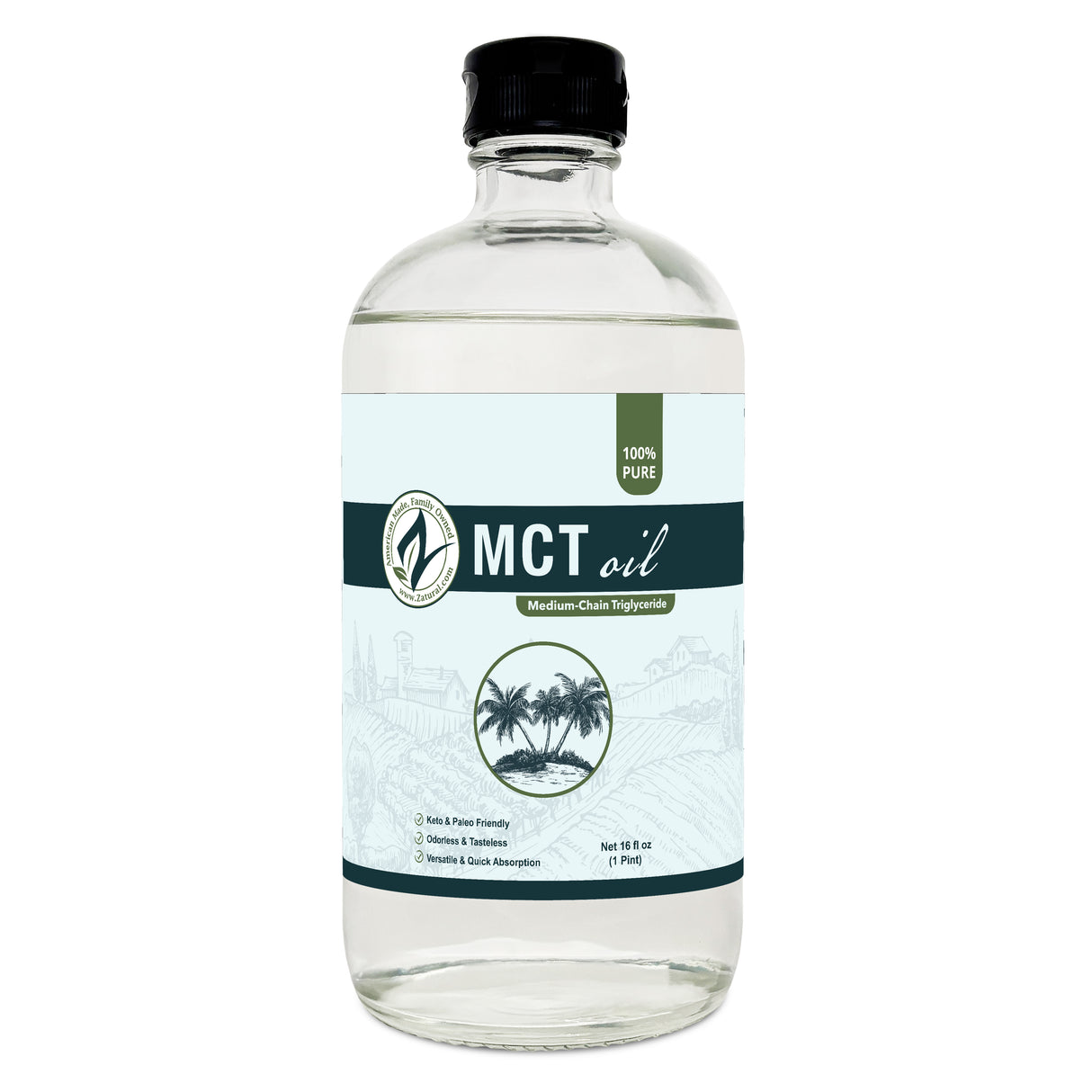 Zatural MCT Oil 16oz glass, front side of label