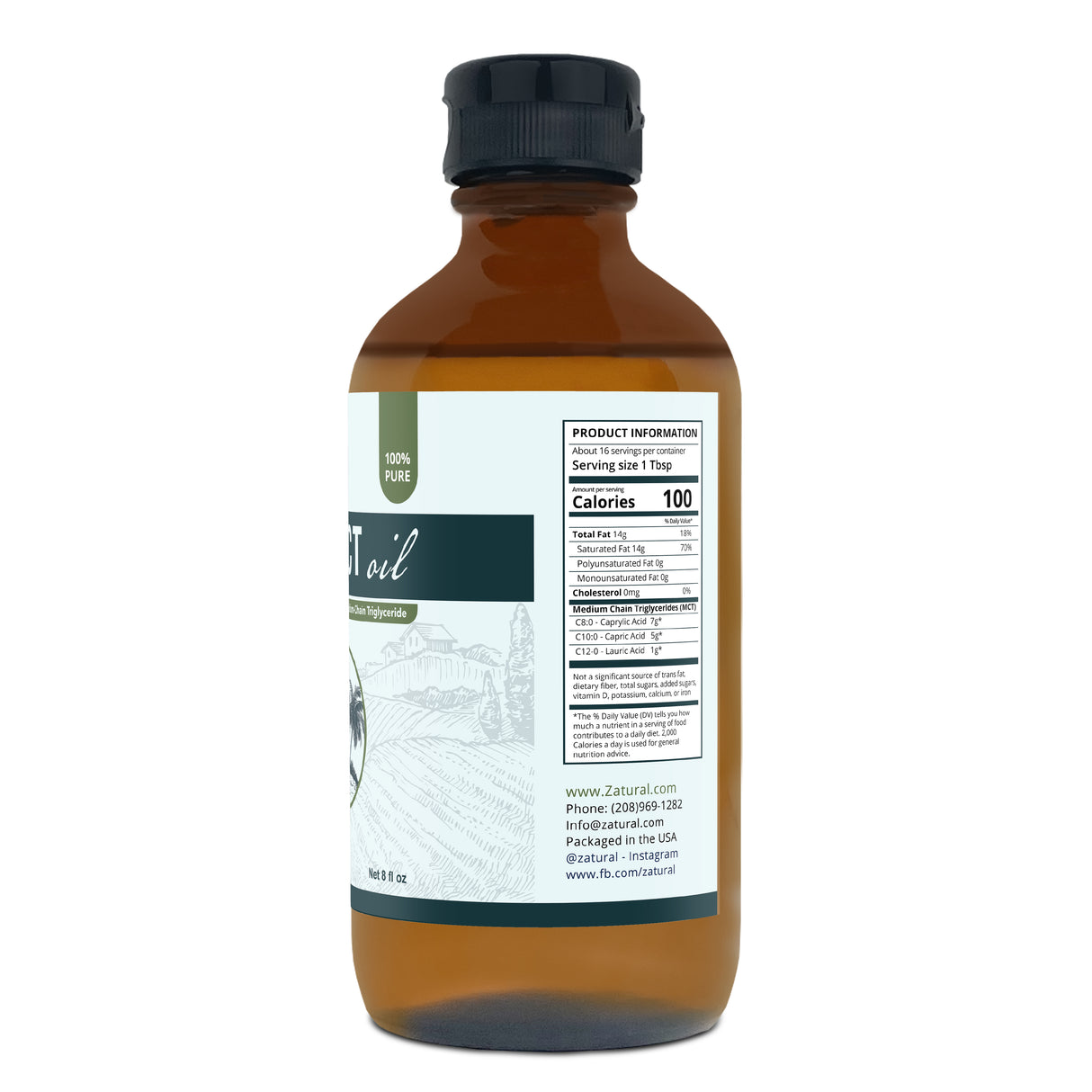 Zatural MCT Oil 8oz glass, right side of label