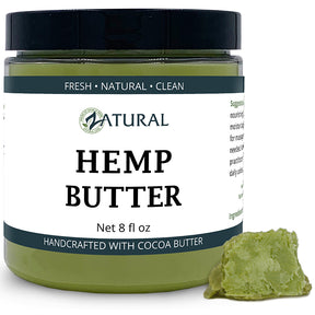 Jar of hemp butter with a label indicating it is natural and handcrafted with cocoa butter.