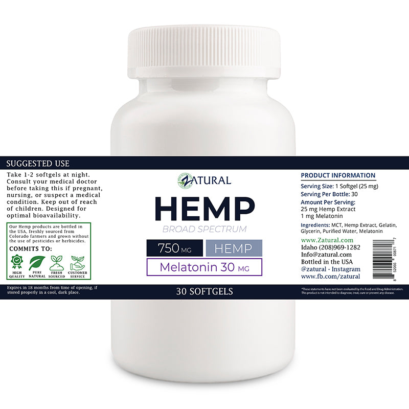 Hemp Extract Softgels with Melatonin 30 count label